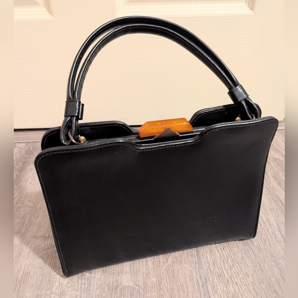 Vintage Black Mod Top Handle Amber Lucite Clasp Handbag
